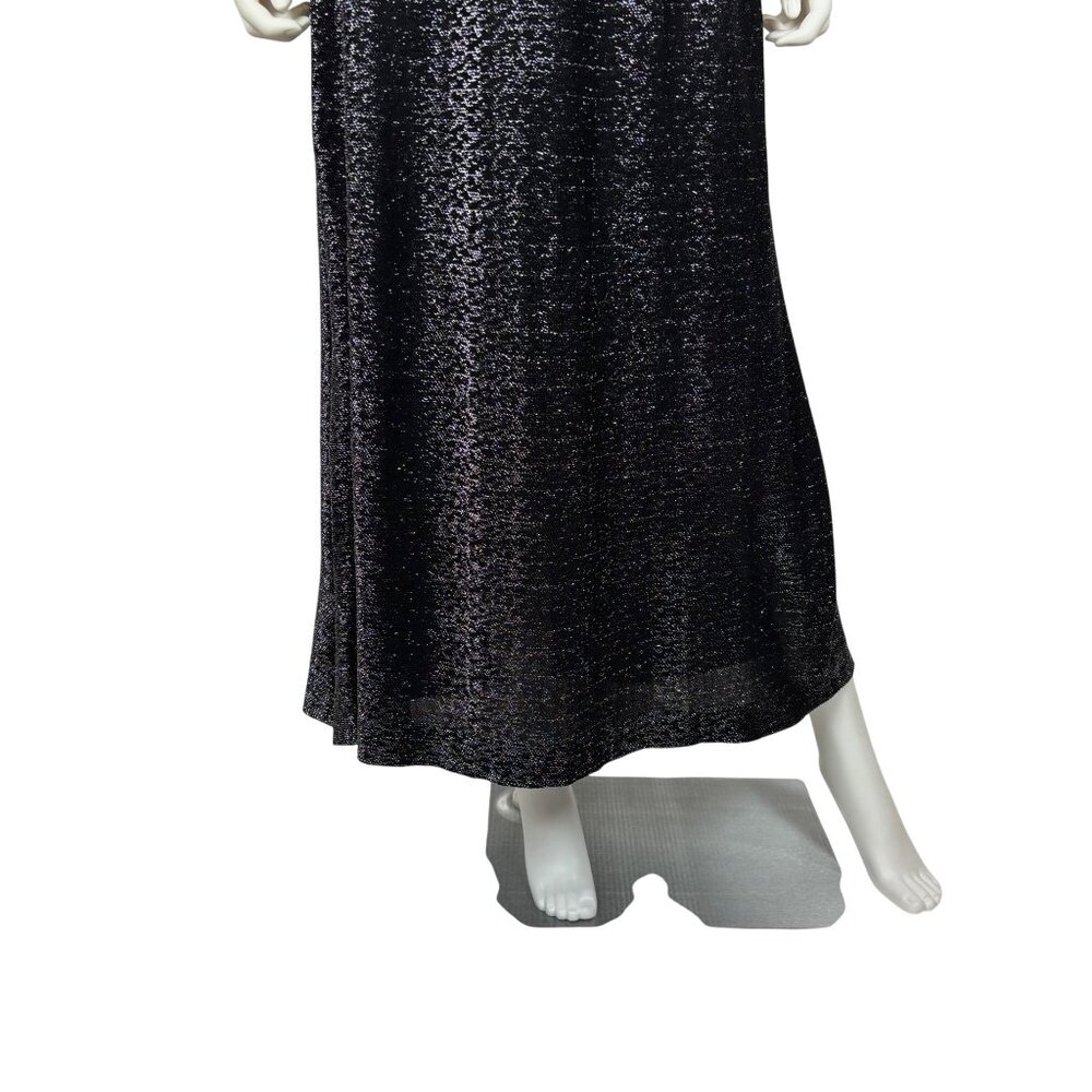 Vintage 70s Metallic Dress Womens Large Black Silver Lurex V Neck Midi Evening P - Picture 5 of 10